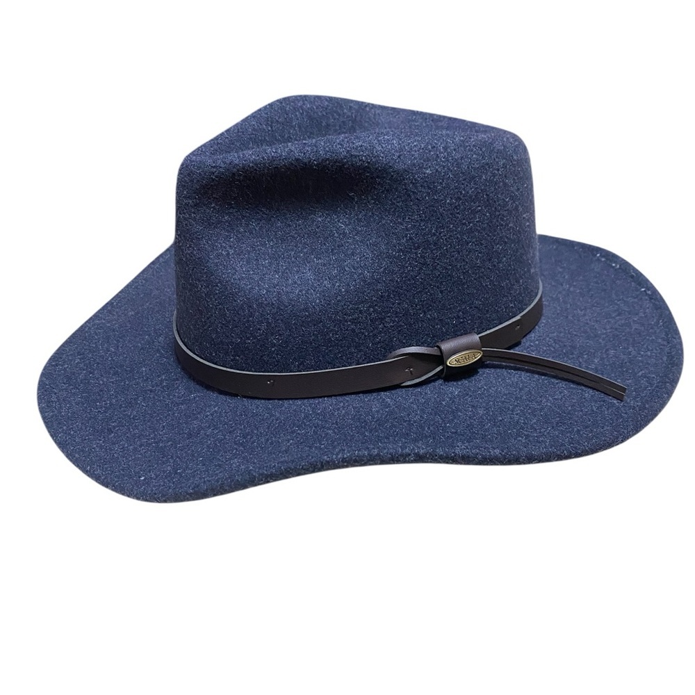 Scala Navy Wool Fedora Hat with Brown Leather Band